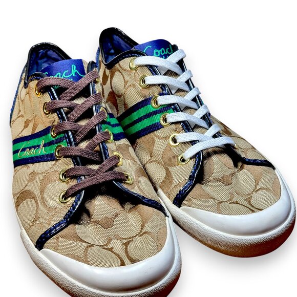 Coach Folly Signature C Sneakers Brown/Green Stripe & Blue Purple Heel Womenโs 8 - Picture 9 of 16